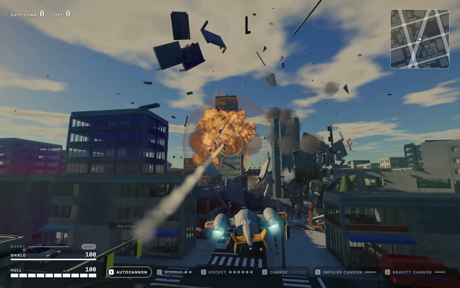 A rocket streaking toward a building and bursting into a fireball, debris thrown into the sky