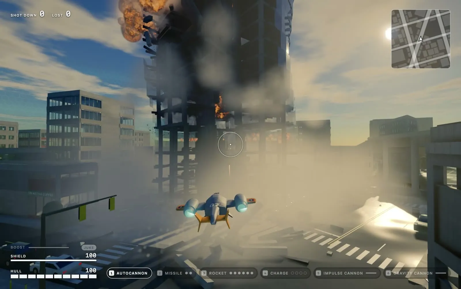 The gunship flying low down a city street between office buildings, cars parked below