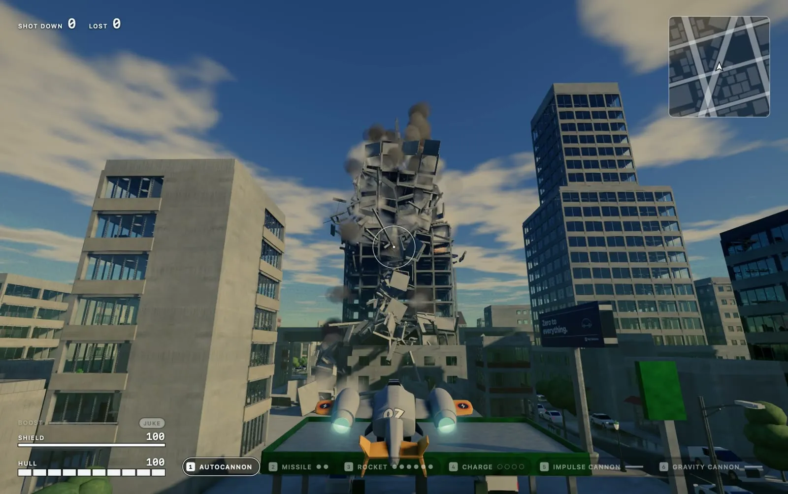 An office tower breaking apart in mid-collapse beside an intact high-rise