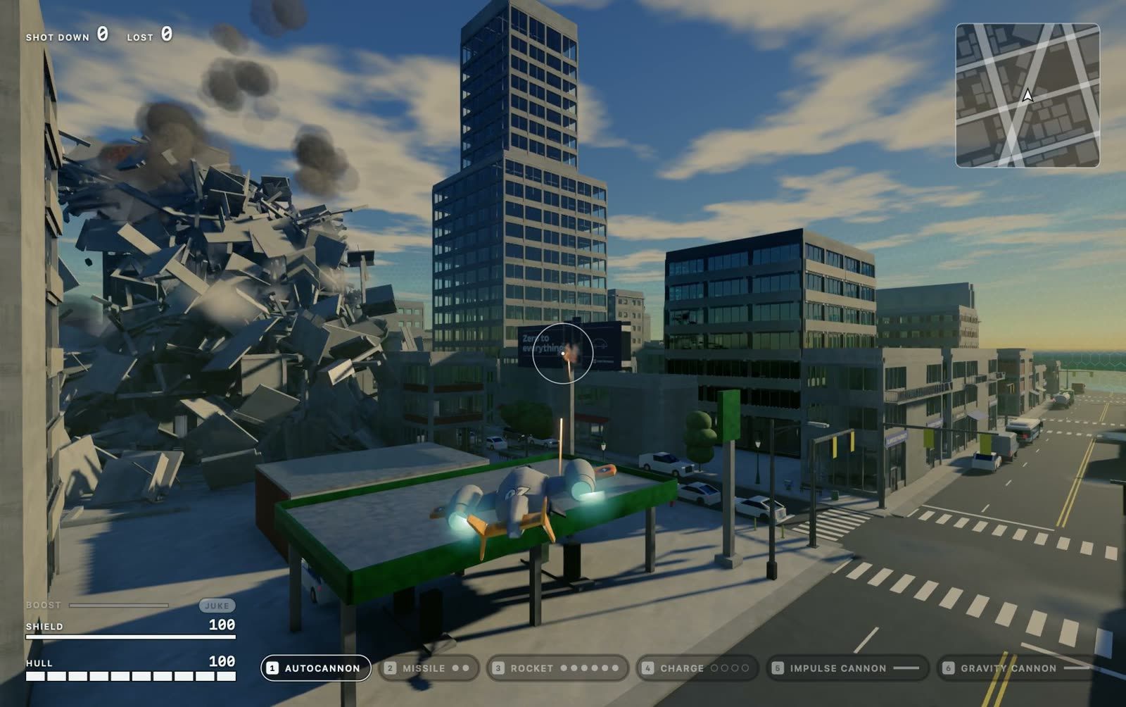 A gunship hovering over a rooftop as an office tower collapses into debris across the street
