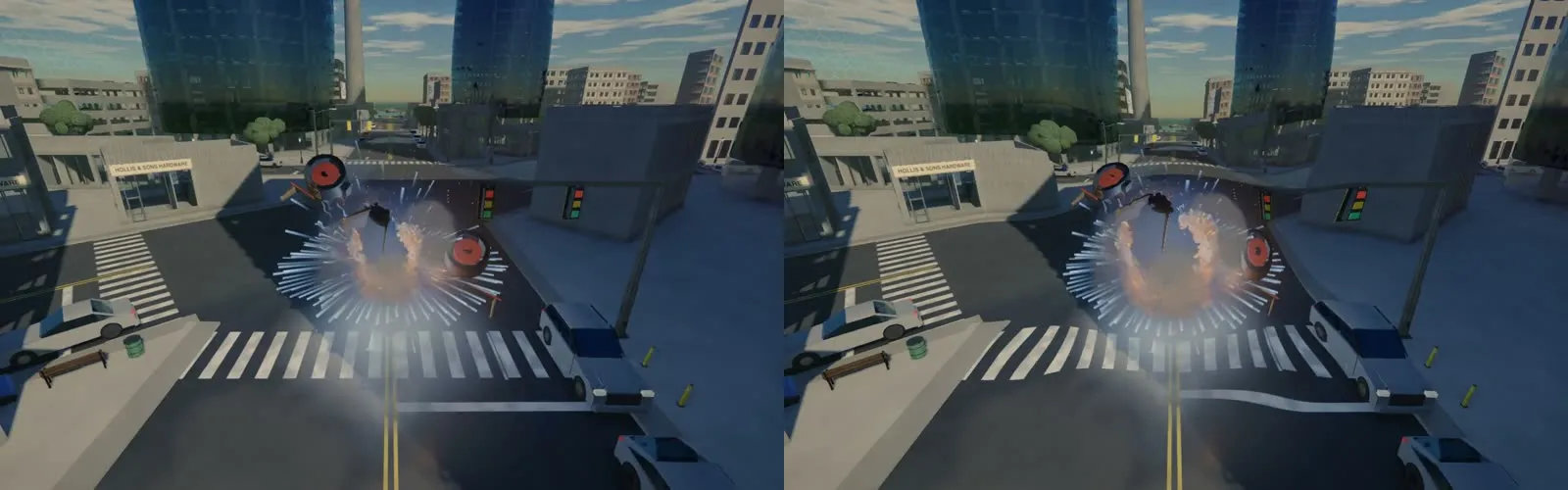 Two frames of the same moment, a twelfth of a second after an enemy ship’s core goes up at a street crossing. On the left, as it was: the fireball and a starburst of blue sparks. On the right, now: the same, with the crosswalk and a painted line bent outward where the wave is passing over the view