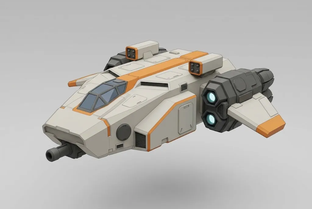 Concept art of the Brute, a bulky white gunship with orange stripes, twin rear engines and a nose cannon