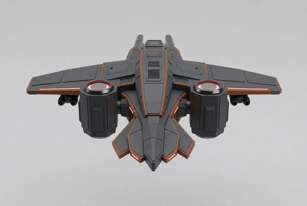 Concept art of the copper Raven, a dark fighter with copper trim, broad wings and two round lift fans