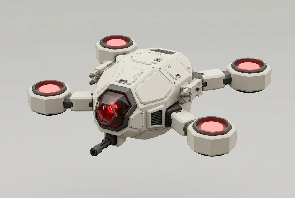 Concept art of the Wasp drone, a round white pod with a red sensor eye, a small gun and four red-lit rotors