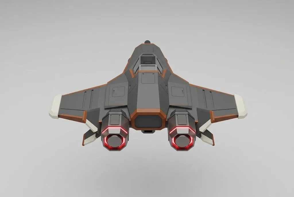 Concept art of the Wasp seen from behind, a dark fighter with swept wings and two red-lit engines