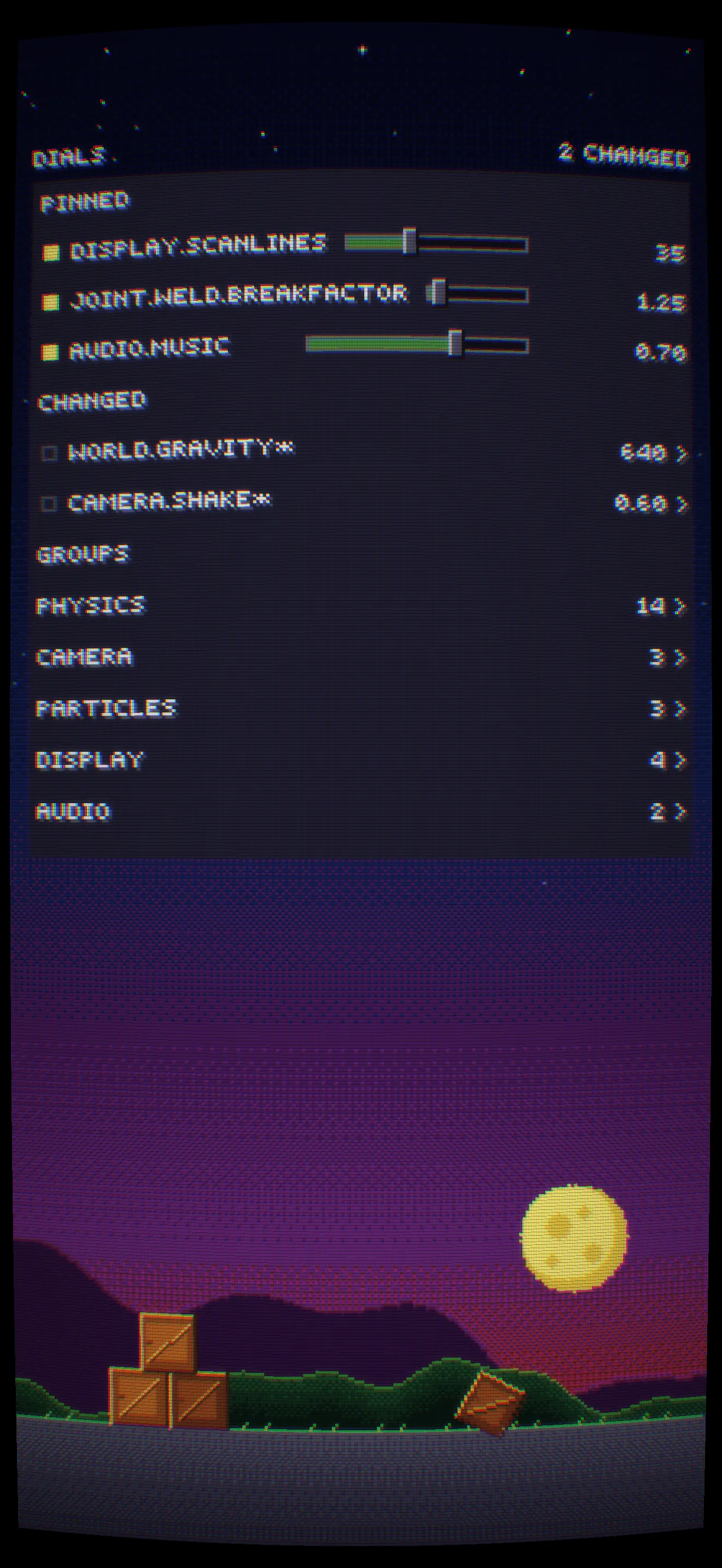 A phone-shaped tuning screen in the engine’s pixel font, listing pinned dials and five groups