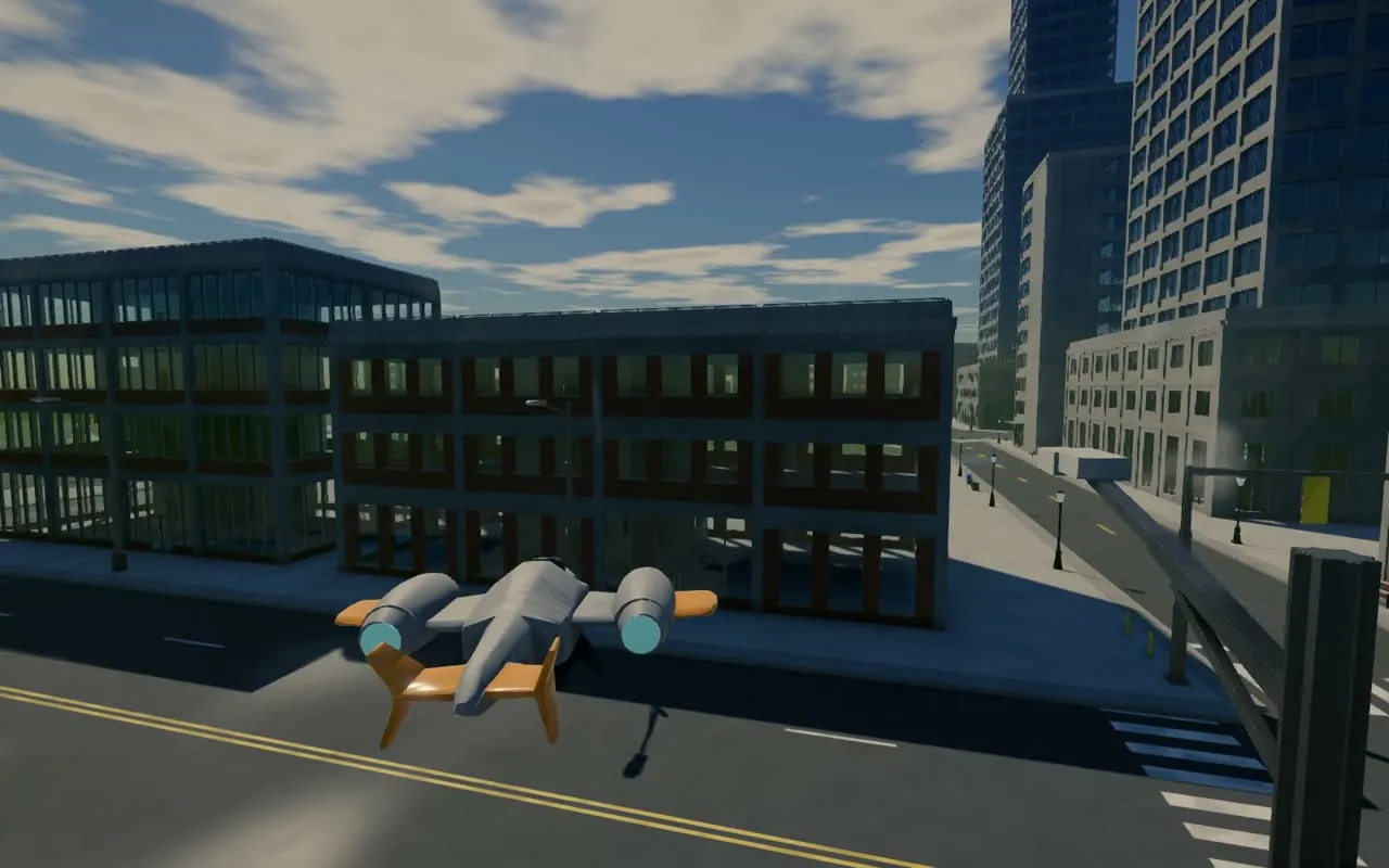An enemy Raven flying low down a city street in a duel