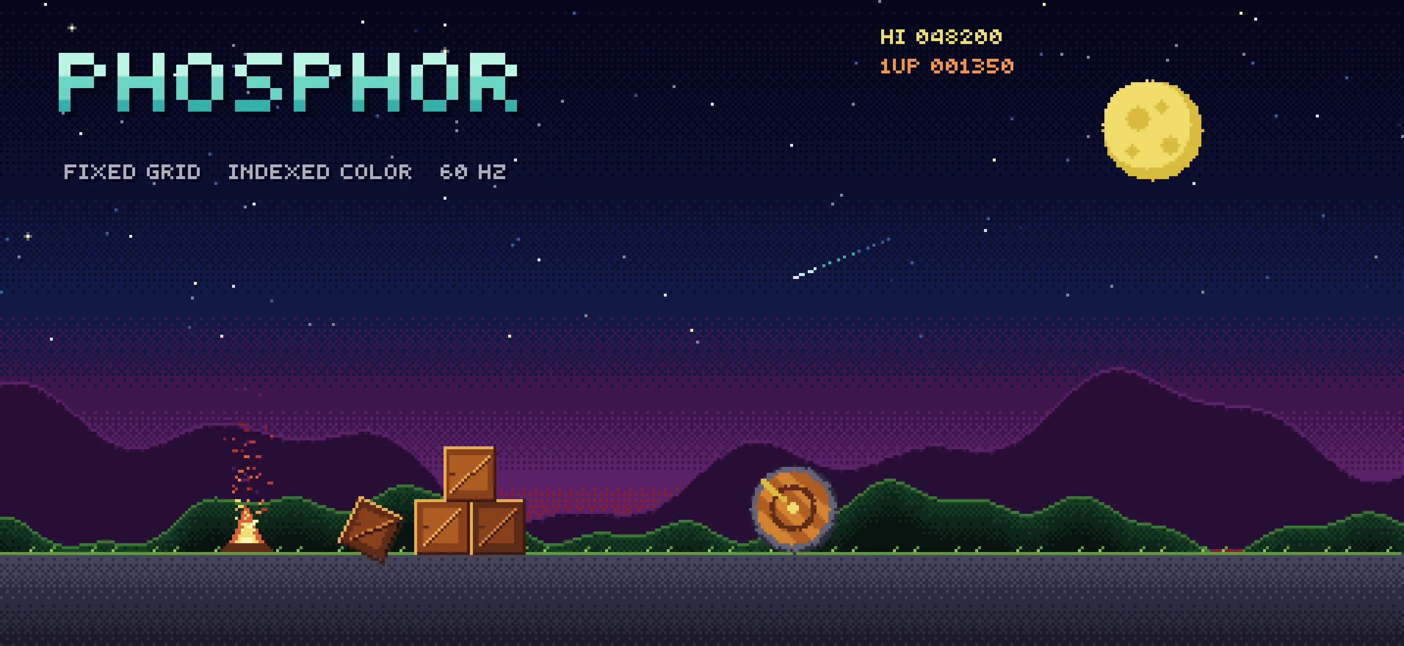 A night scene of hills, a campfire, crates and a moon, in large square pixels with no screen effects