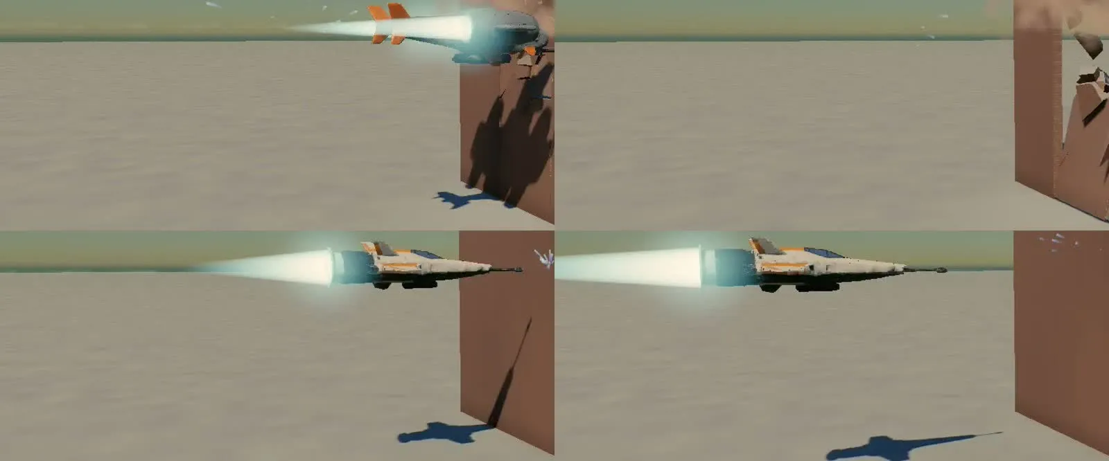 Four frames of the Sniper at a range wall, each with a tapered white exhaust cone from its engine