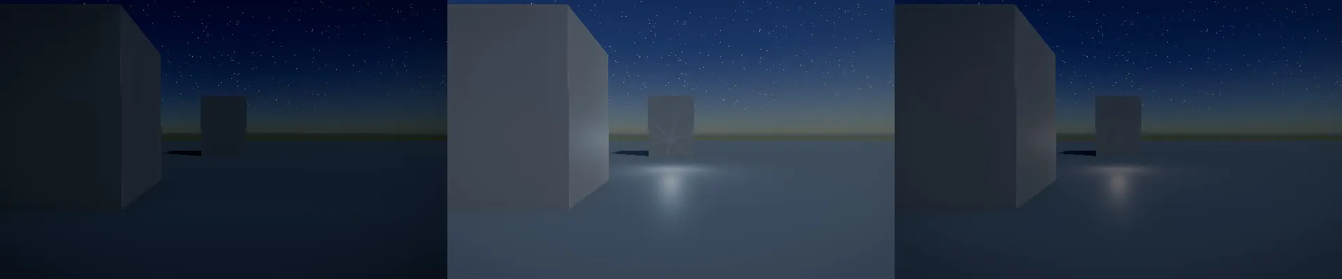 Three frames of a night test scene with two gray blocks on an open floor under a starry sky: dark before a blast, lifted out of the dark at the flare’s peak, and settling back 0.4 s later