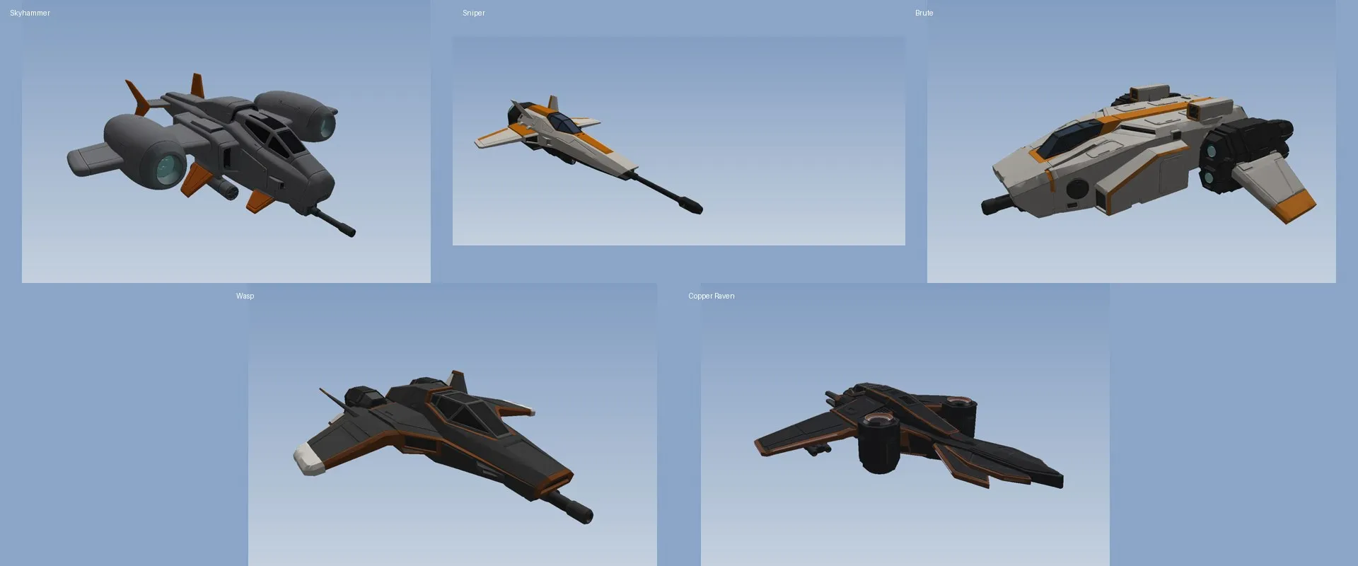 Studio renders of the five textured ships side by side: the Skyhammer, the Sniper, the Brute, the Wasp and the copper Raven