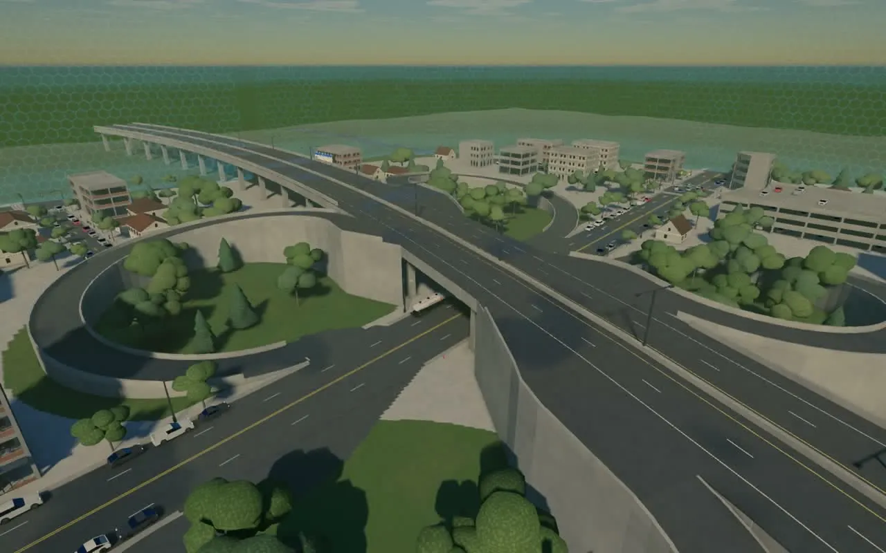 A curving elevated freeway crossing a city street, with four loop ramps around the crossing, lawns and trees inside the loops, lane lines and lamps on the deck