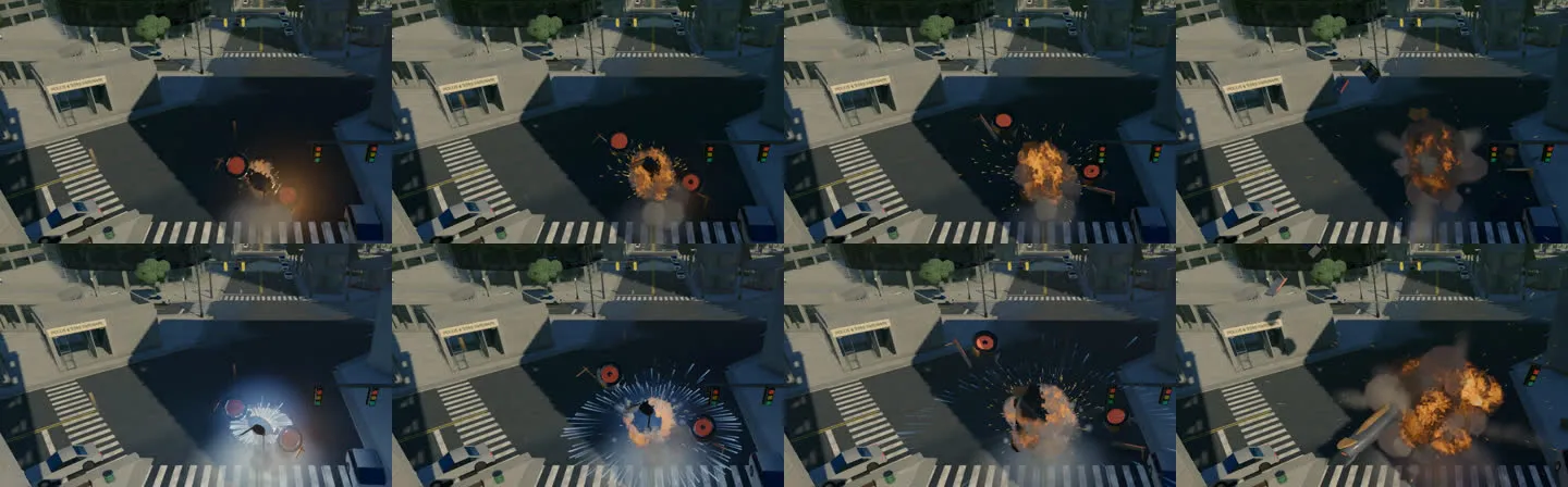 A ship dying on a street corner seen from above, four moments each: on top the old death, an orange fireball; below the new one, a blue-white flash and a flat ring of blue streaks racing out over the asphalt, then a larger fire