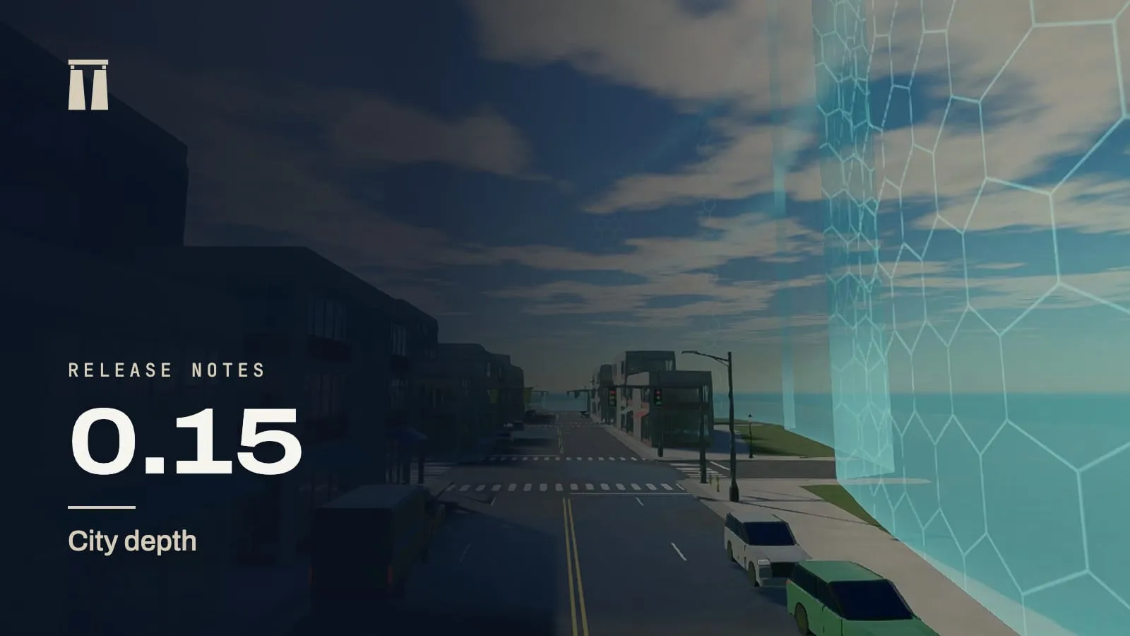 Release notes card for 0.15, City depth, over a city street with parked cars