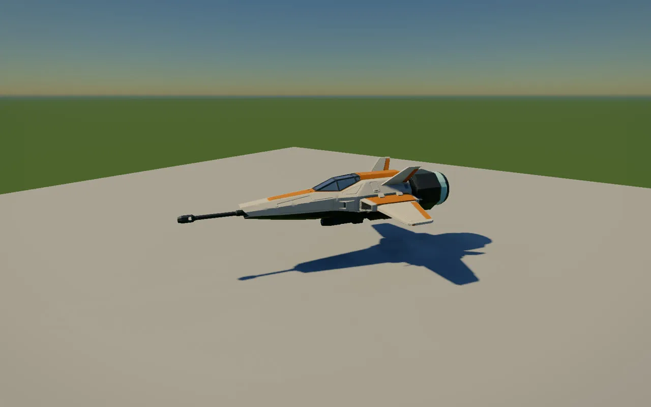 The Sniper, a long-nosed fighter in white and orange with a canopy and a long cannon, hovering over a gray ground with its shadow under it