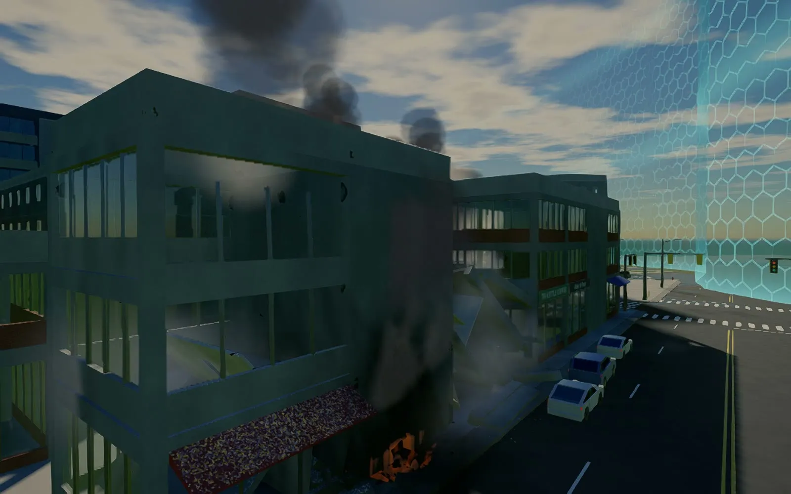 Smoke rising from a burning building on a city street after a blast, October 4