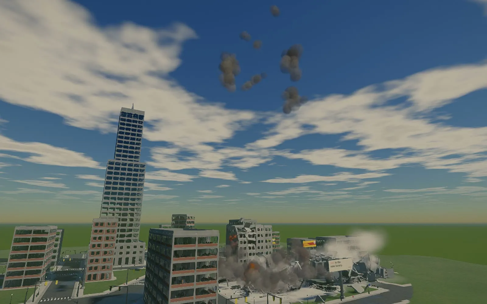 A tower's collapse ending in rubble and dust beside a taller tower, with debris still in the air, October 7