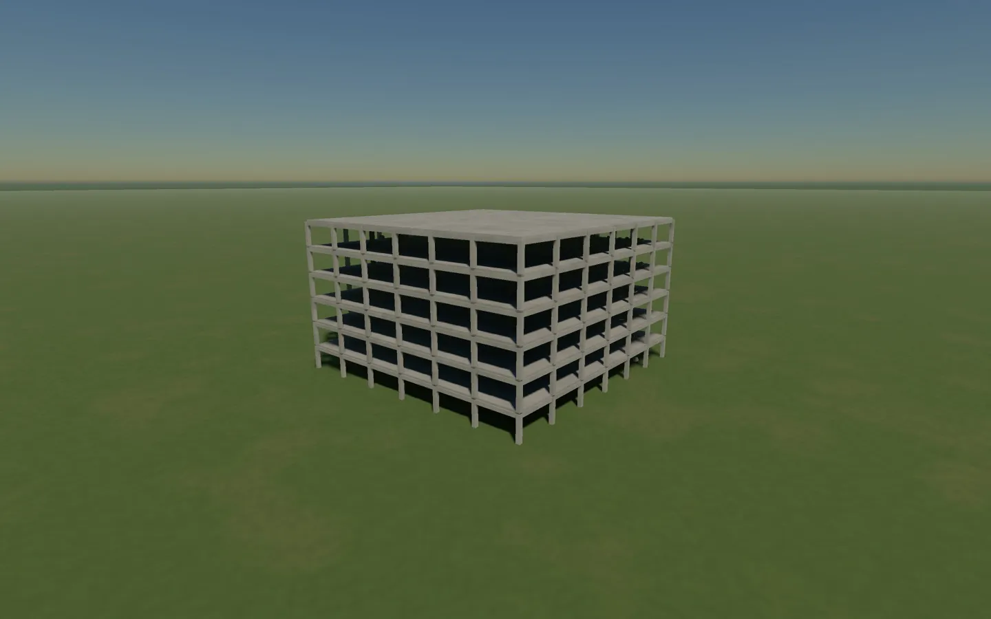 An early test scene from September 29: one concrete office building standing on open ground