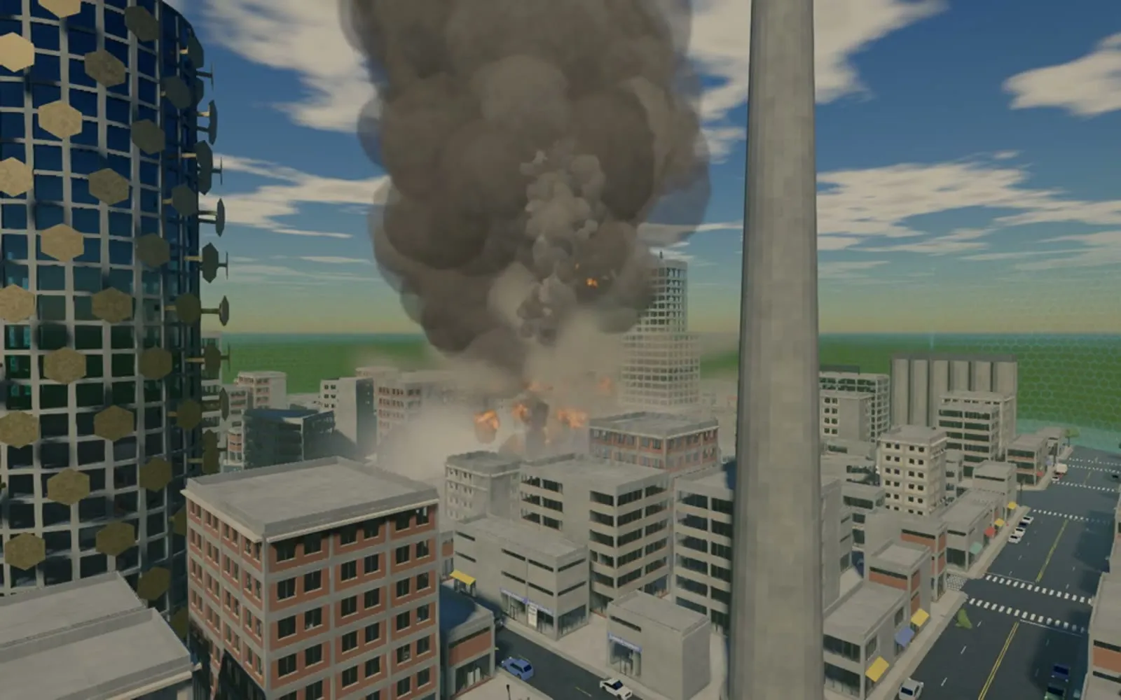 A 40 m blast in the city, with fire at its base and a dark smoke column rising over the buildings, October 8