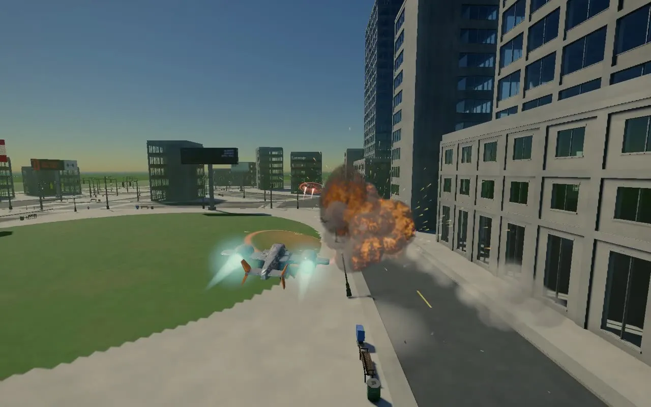 A ship with glowing engines flying over a city park beside a street of office towers, with a missile's fireball bursting beside it and a second ship small in the distance