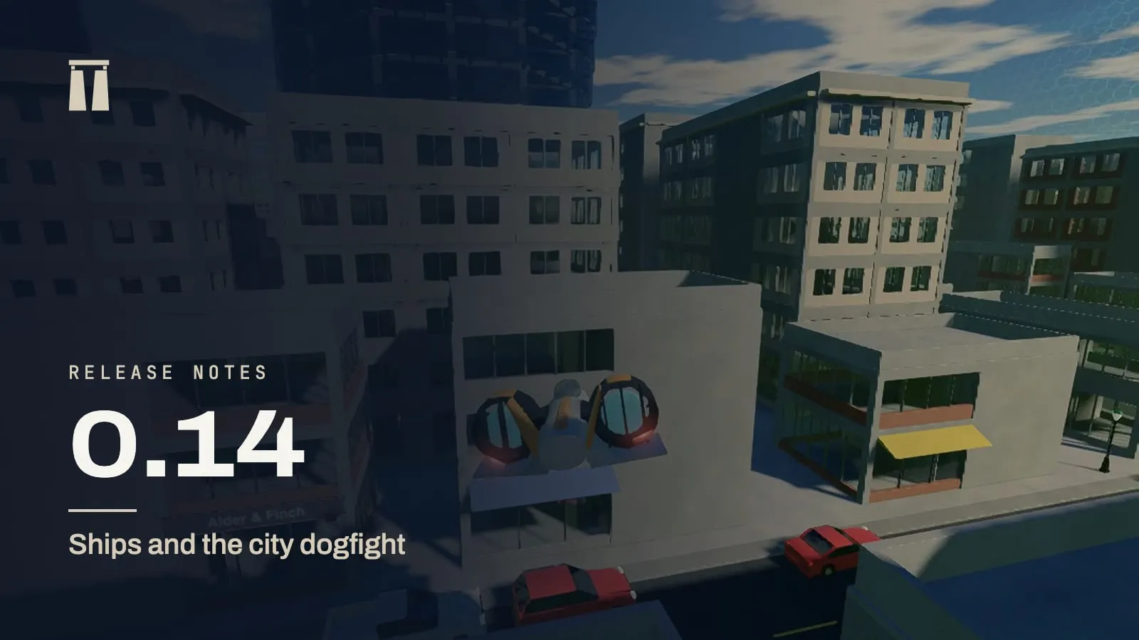 Release notes card for 0.14, Ships and the city dogfight, over a ship flying above a city street