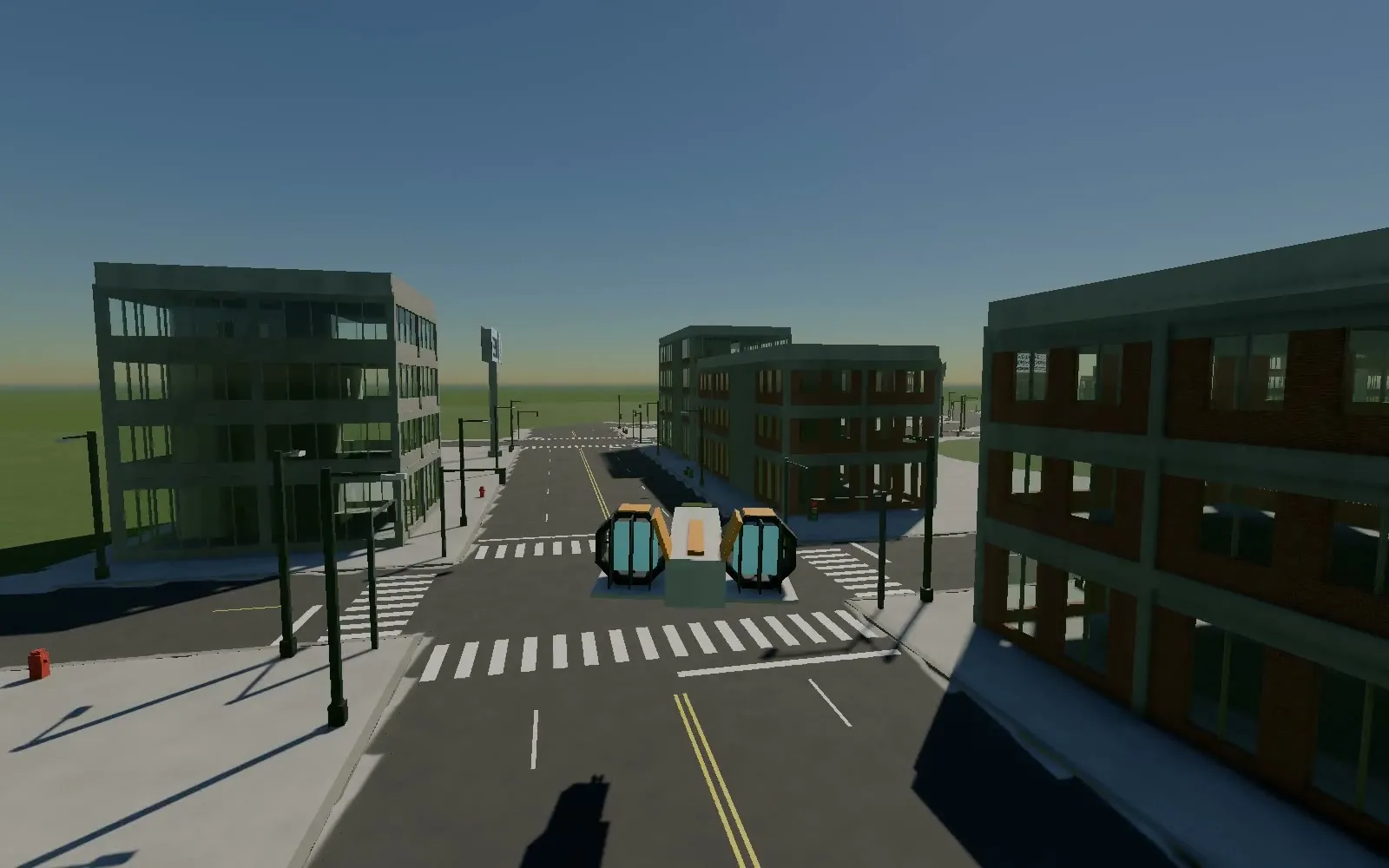 The gunship flying low over a city street, seen from the chase camera