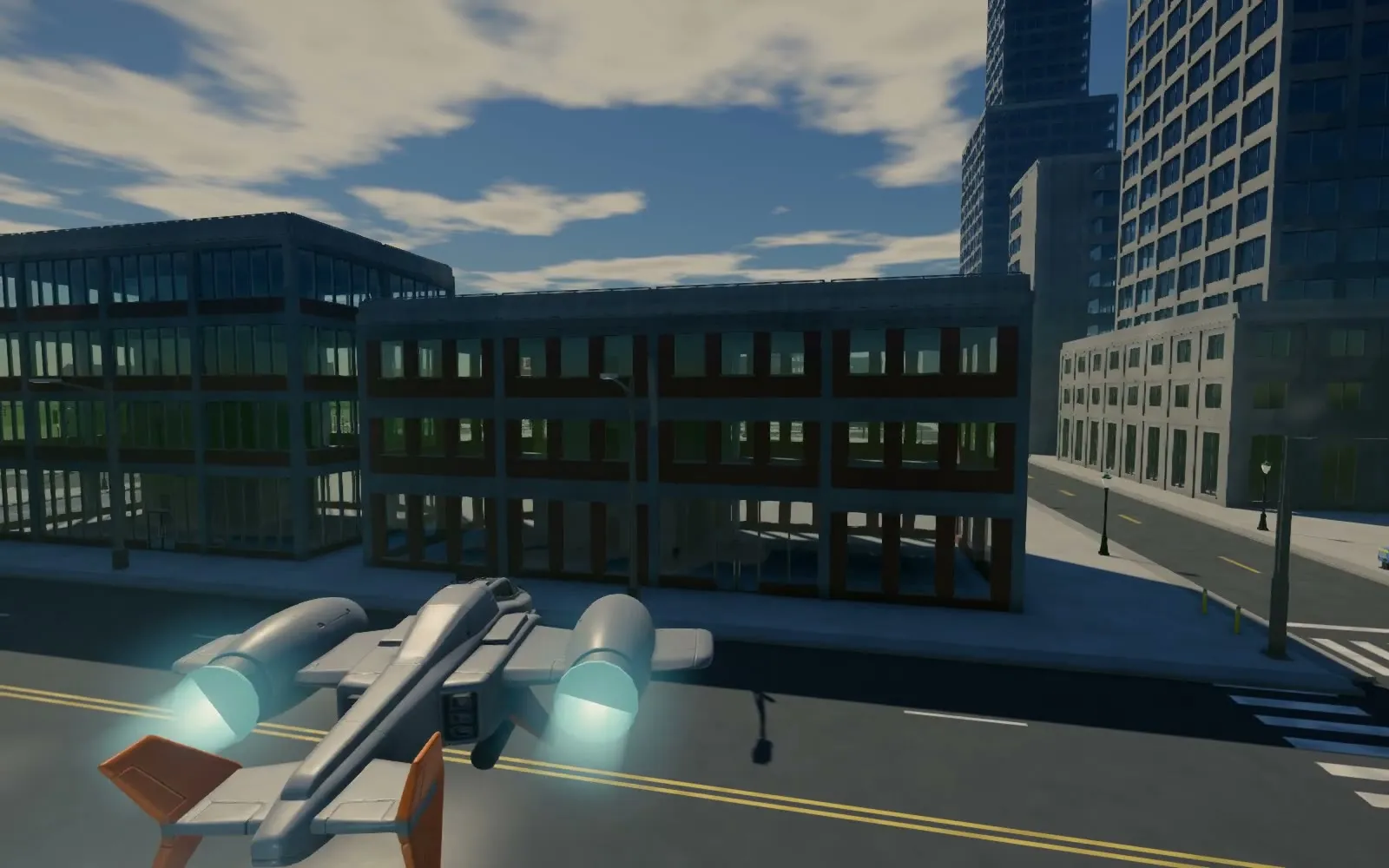 The Skyhammer, a gray gunship with two glowing engine nacelles and orange fins, flying low over a city street