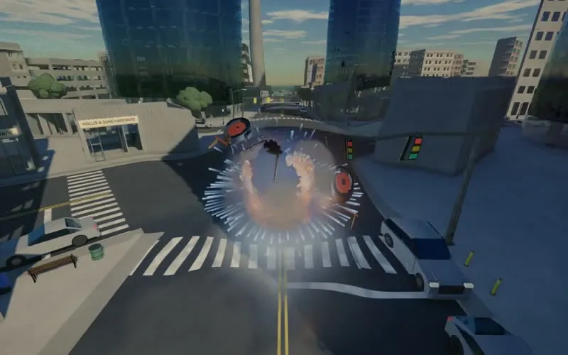 A street crossing a twelfth of a second after an enemy ship's core goes up: a fireball and a starburst of blue sparks, with the crosswalk and a painted line bent outward where the shockwave passes over the view