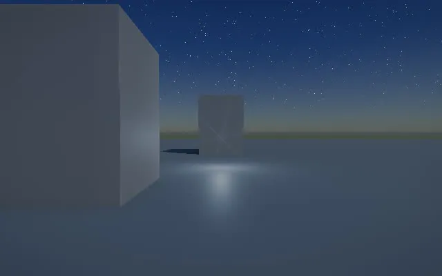 A night test scene at the peak of a blast's flare: two gray blocks on an open floor under a starry sky, lifted out of the dark, with a bright glow on the floor ahead