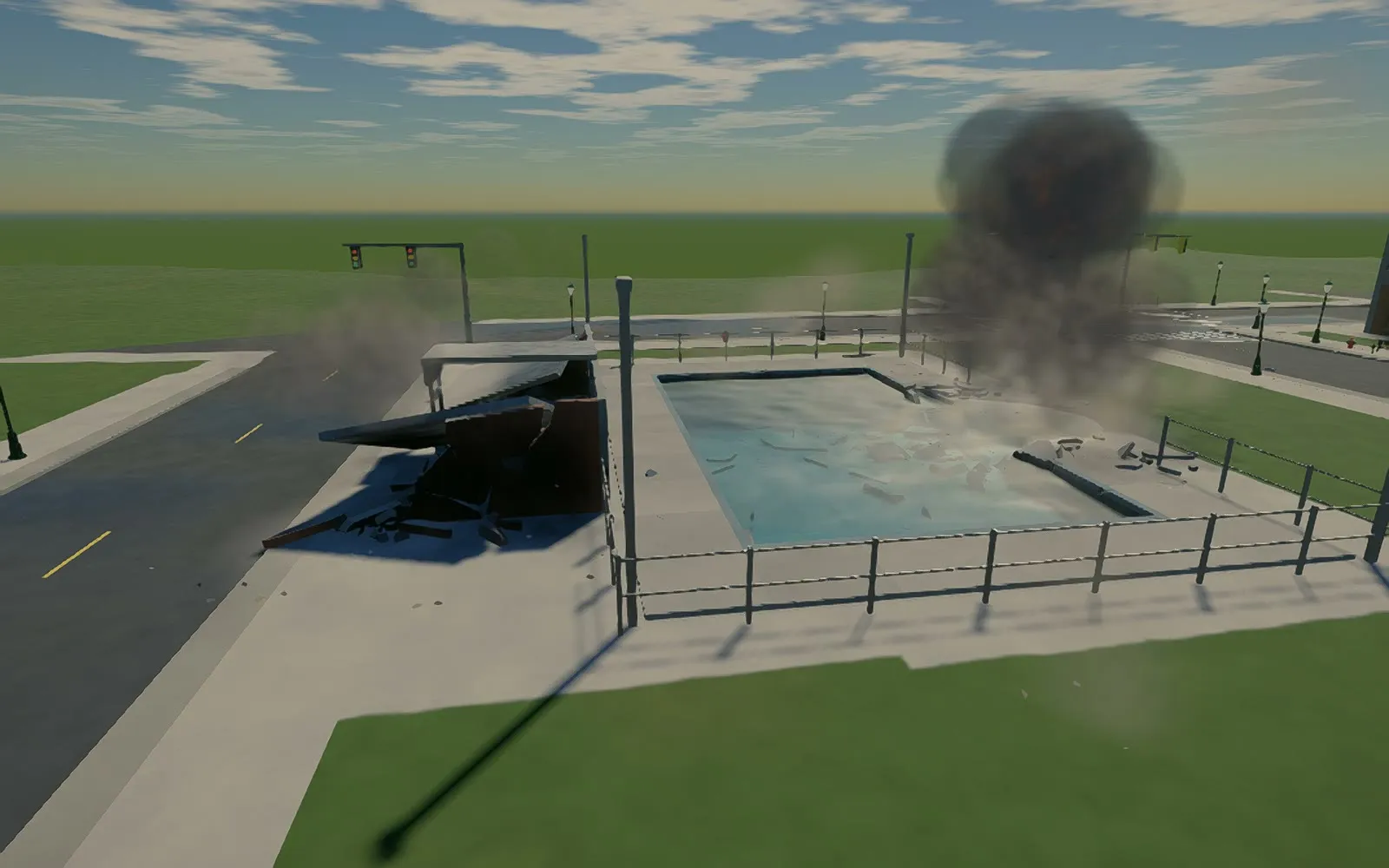 A community pool after a blast, with the building beside it wrecked and smoke rising, October 7