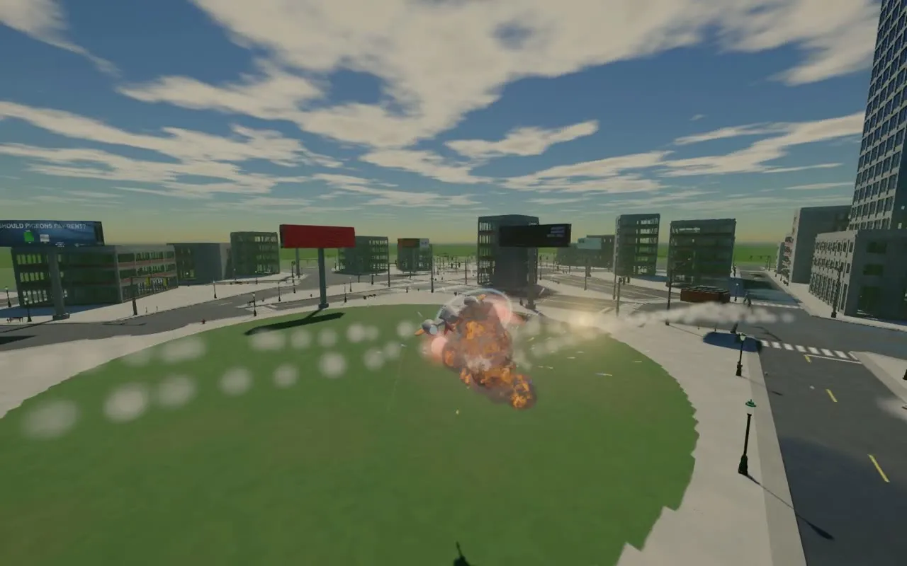 A park in a city seen from low over the grass: rows of white smoke puffs cross the lawn from the left and end at a fighter near the far edge, where the first missile has burst in fire