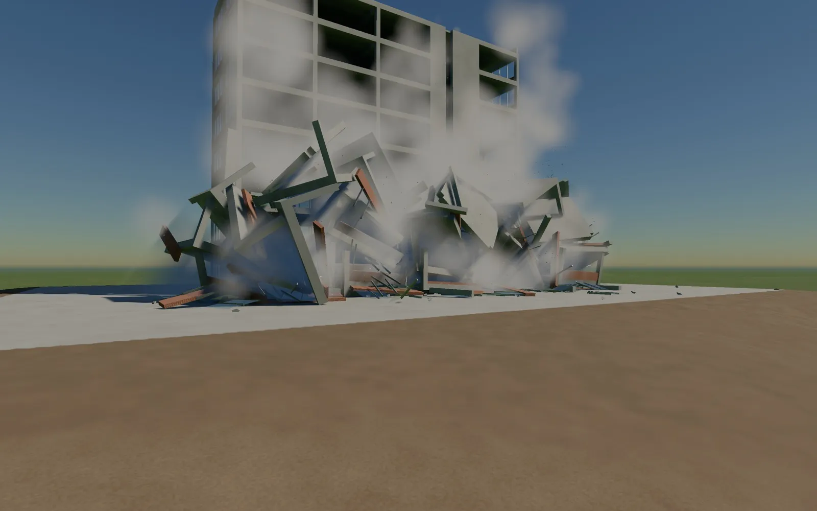 A building coming down into a pile of broken concrete and dust