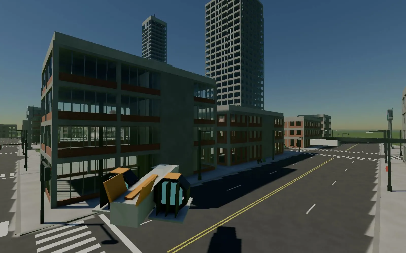 A ship flying over open ground at the edge of the city during a duel
