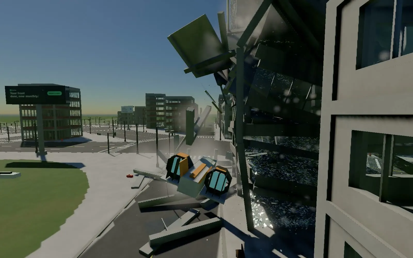 A ship beside a building as it breaks apart, with pieces falling around it