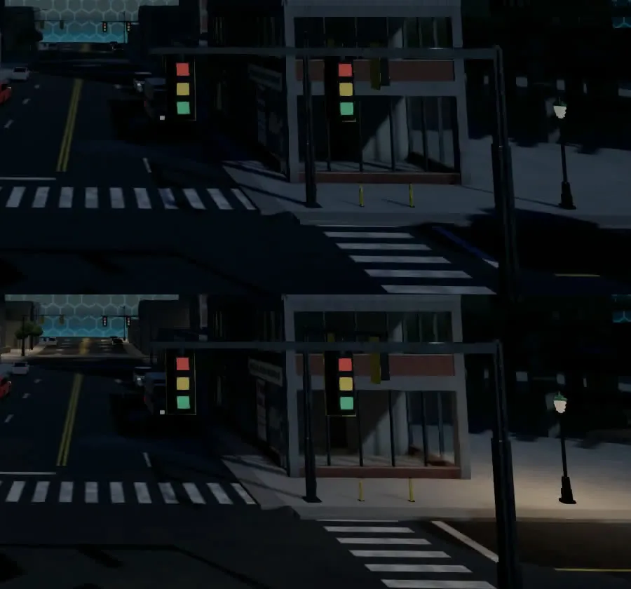 The same street corner at night, without the street lamps’ light on top and with it below, where the lamp on the right throws a warm pool on the sidewalk