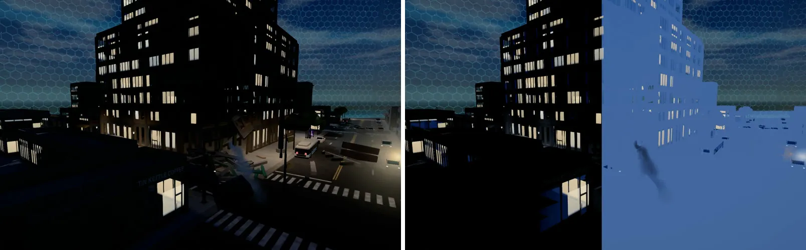 The same night street twice. On the left as the game draws it. On the right each pixel is tinted by how many small lights it checks: none over the left part of the picture, and a blue block over the right part, which is the one light’s rectangle