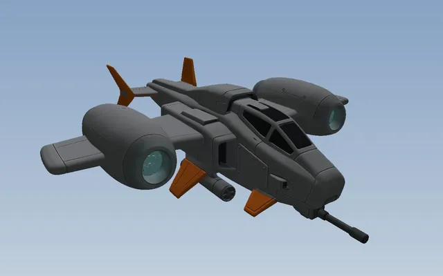 The Skyhammer, a gray gunship with two enclosed engine nacelles on short wings, orange fins and a chin cannon