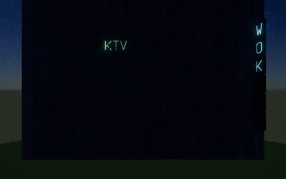An office front at night in the neon city, with “KTV” in green tube lettering across the third storey and a blade sign at the corner reading “WOK” top to bottom in blue