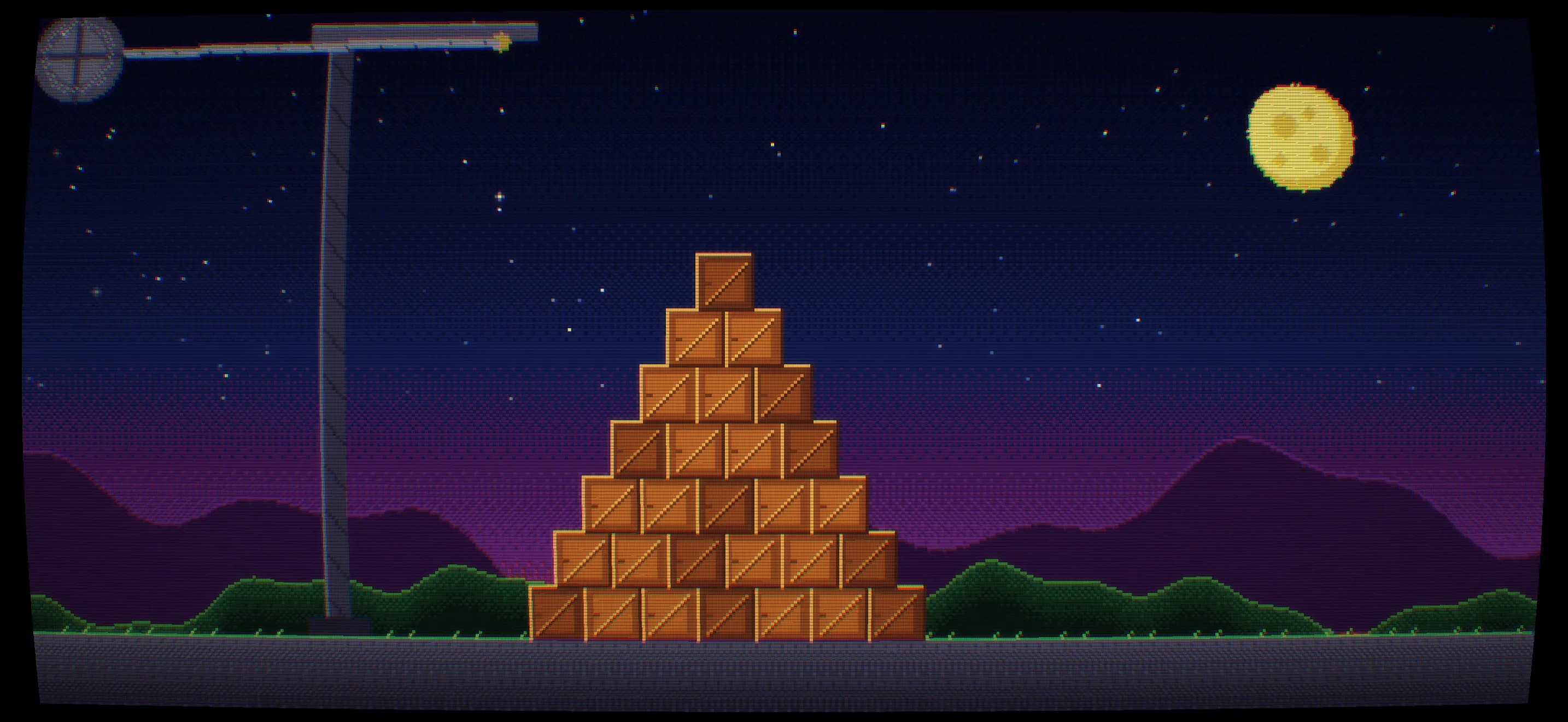 The crate pyramid standing, with the wrecking ball held back on its chain