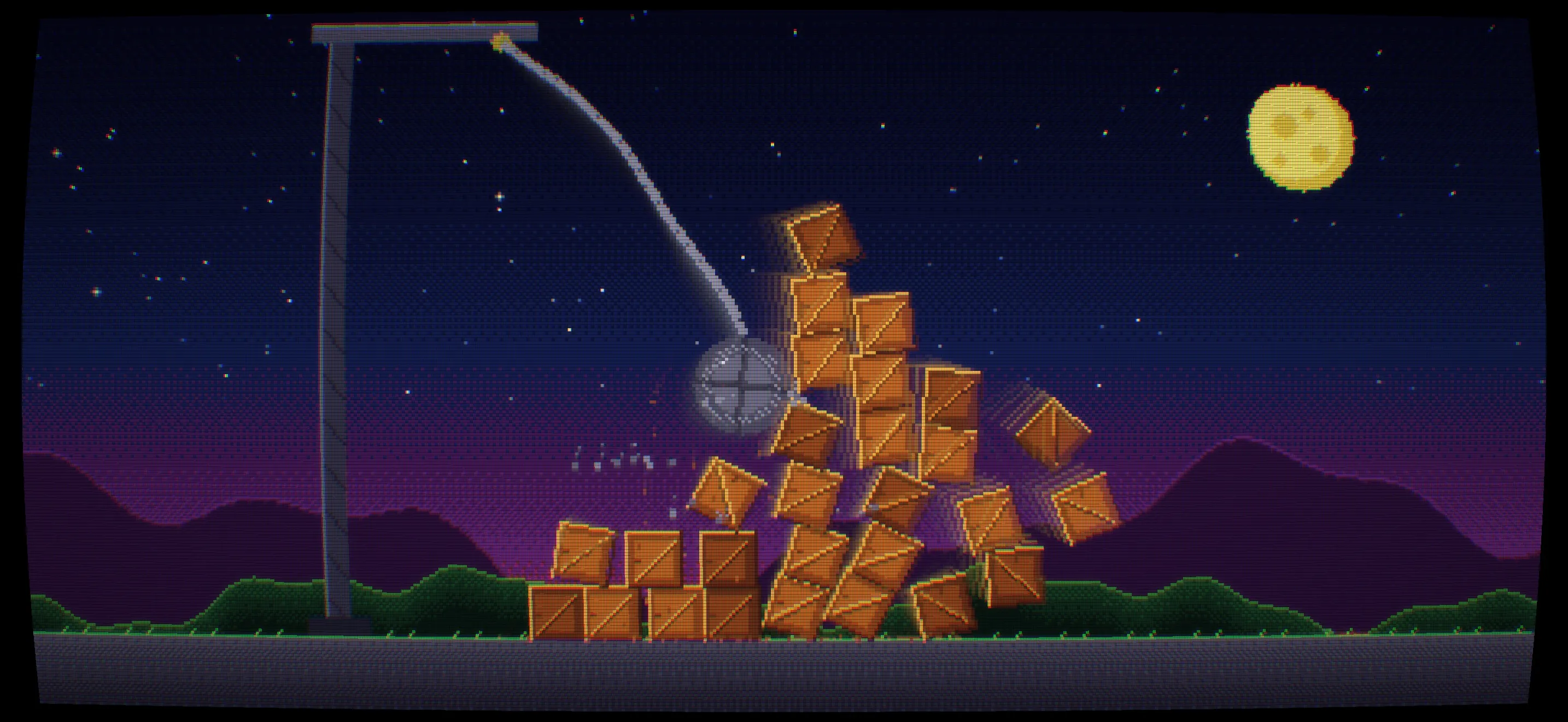 A wrecking ball smashing through a stack of crates, in large pixels on a curved, scan-lined screen