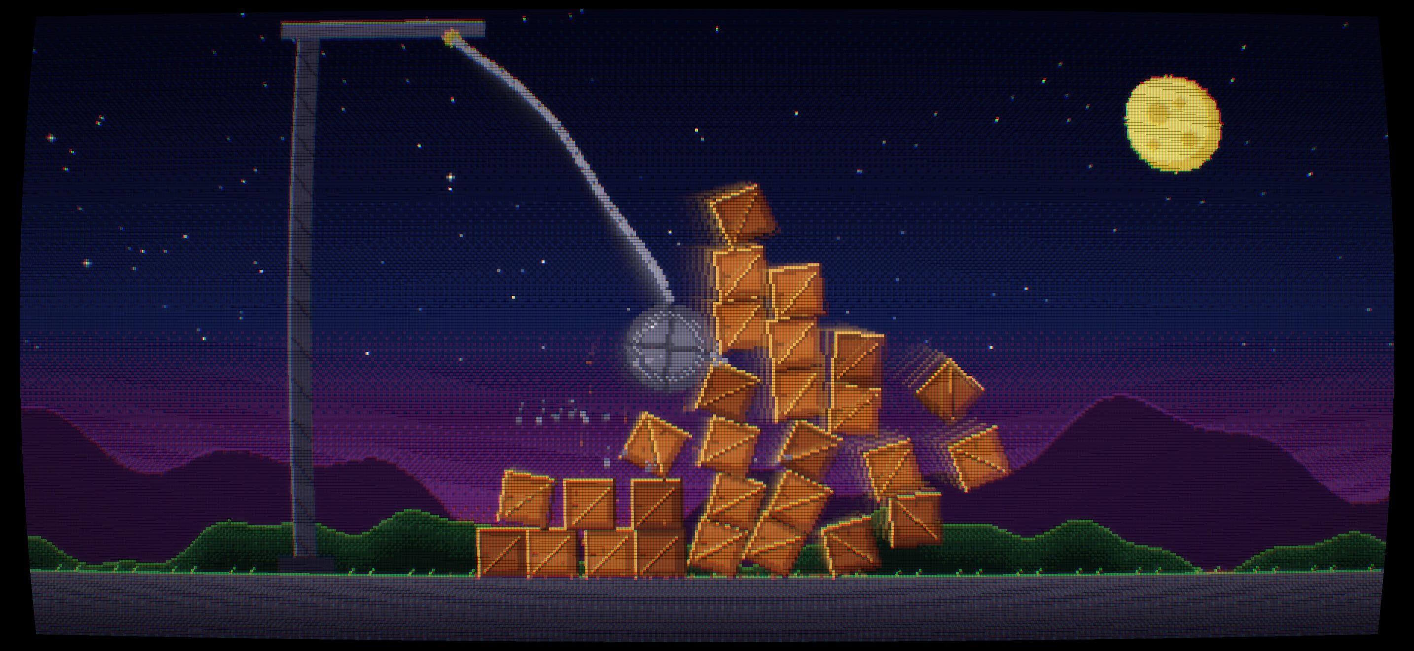 A wrecking ball on a chain smashing through a stack of wooden crates at night, drawn as large pixels on a curved, scan-lined screen