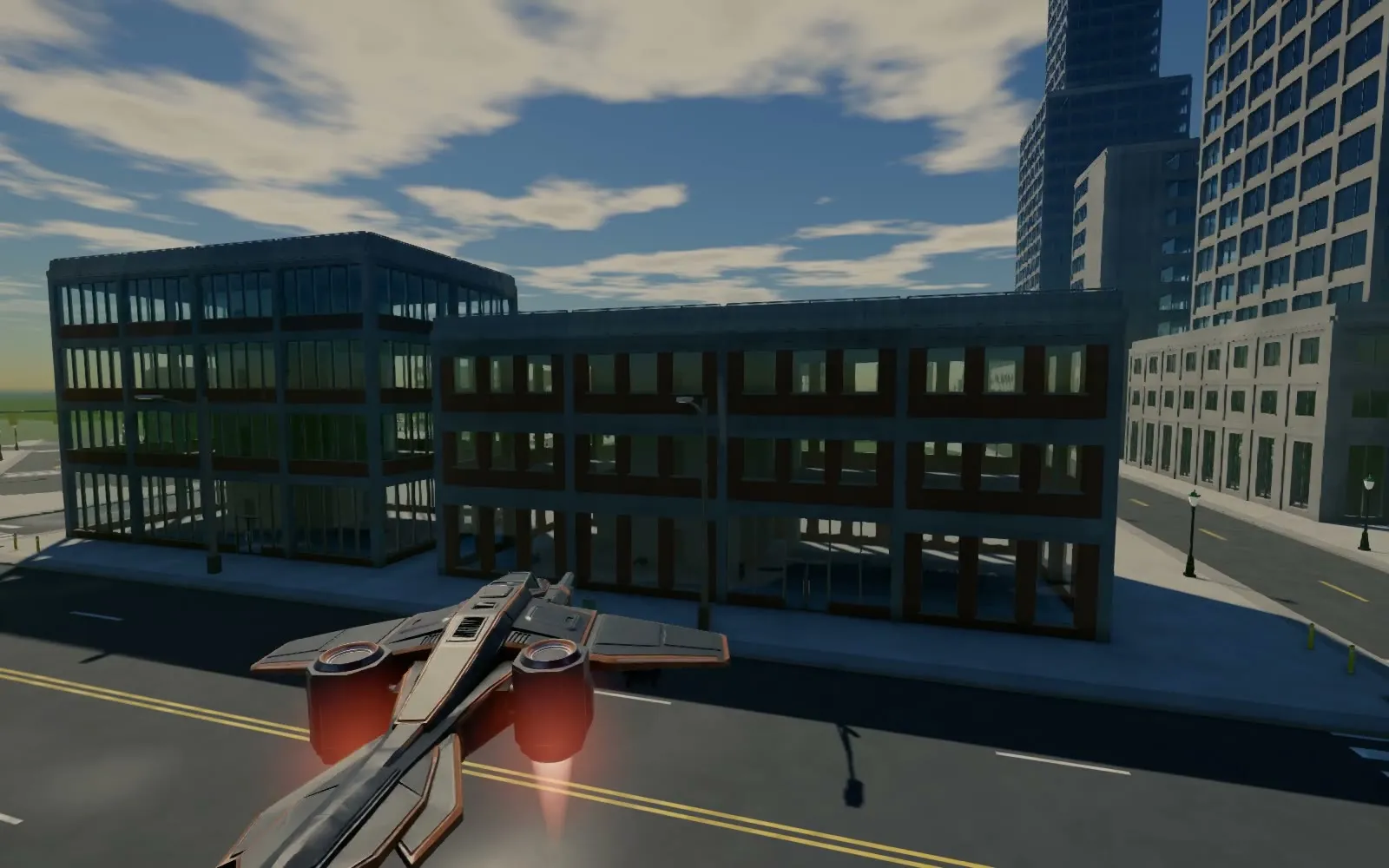The copper Raven from behind over a city street, with its jetwash blowing down from under the lift fans