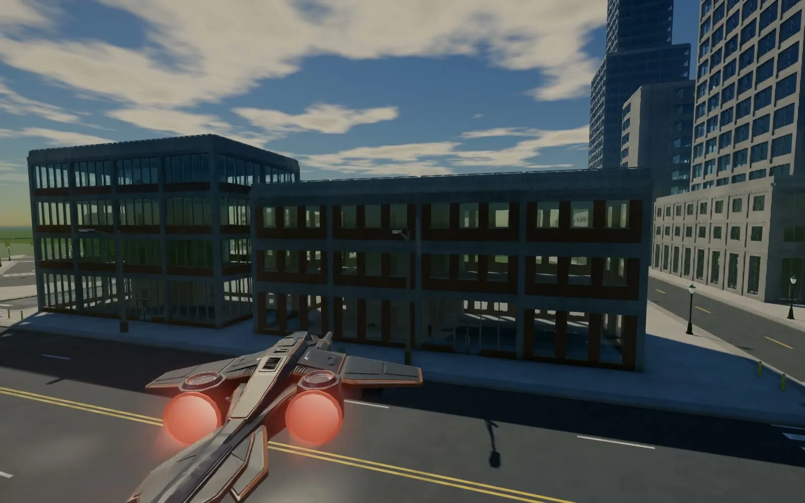 The copper Raven from behind over a city street, with two round red glows on its back