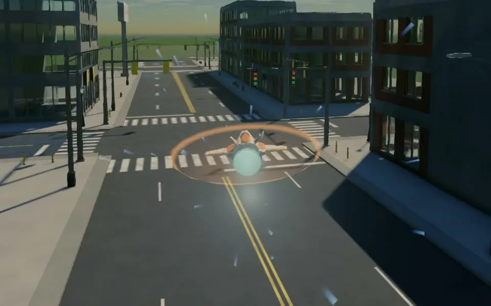 The Sniper seen from behind over a city street, inside an amber ring of shield shell