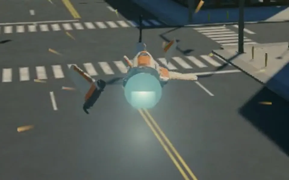 The Sniper over a street with a wing and fins breaking away from it