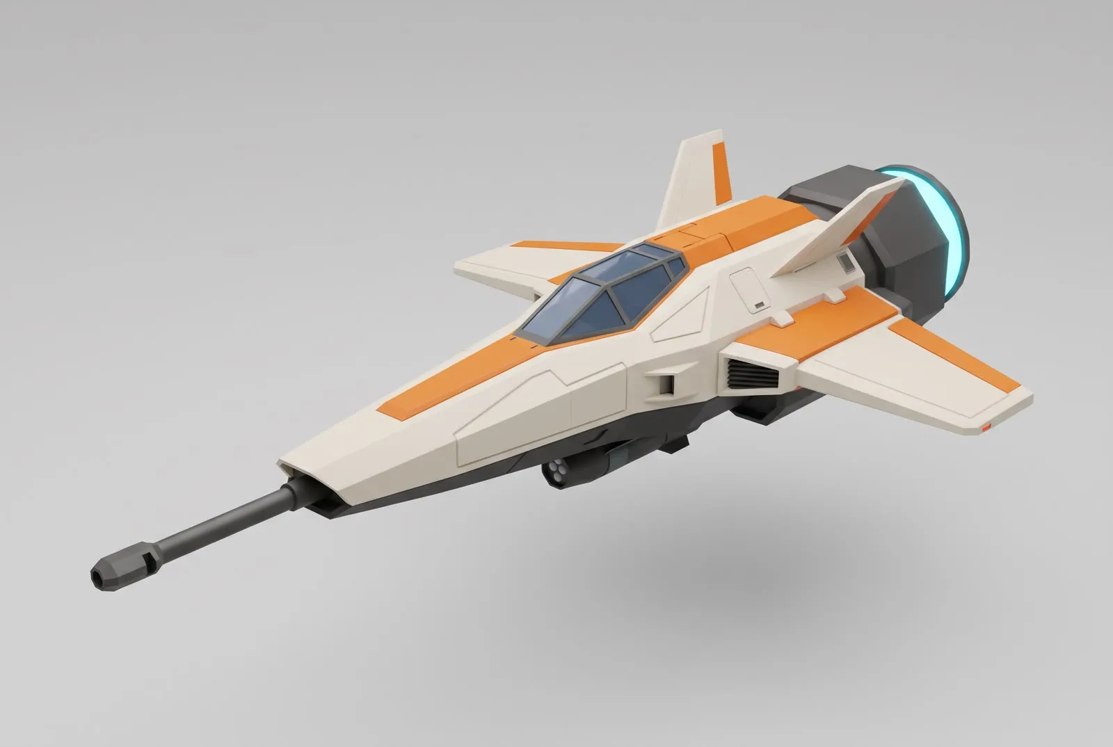 Concept art of the sniper gunship: white and orange, with a long cannon