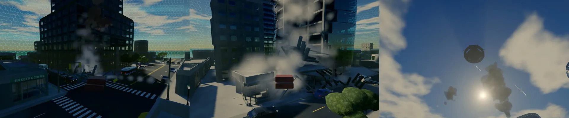 Three moments from wave defense: a red stand-in drone beside an office tower at a crossing; the tower coming down in dust behind the drone; and, seen from the street, the fortress, a dark ring with turrets on its rim, hovering high over the city